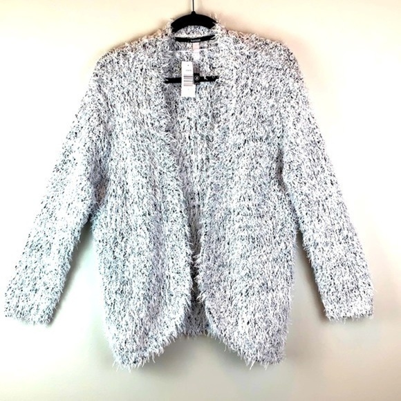 Kensie Black And White Fuzzy Eyelash Open Front Cardigan NWT - Picture 4 of 7